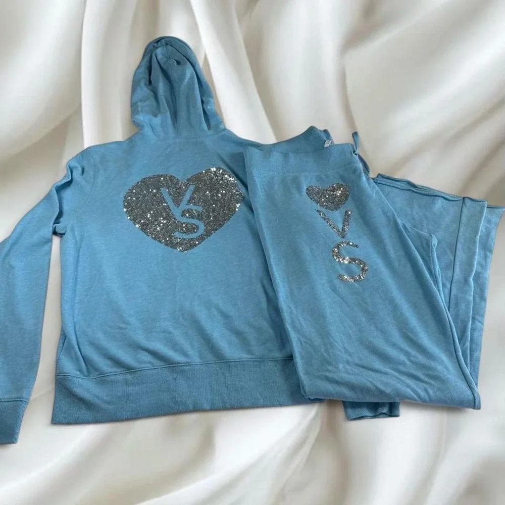 Victoria's Secret blue silver rhinestone graphic tracksuit set y2k vintage - Picture 1 of 6